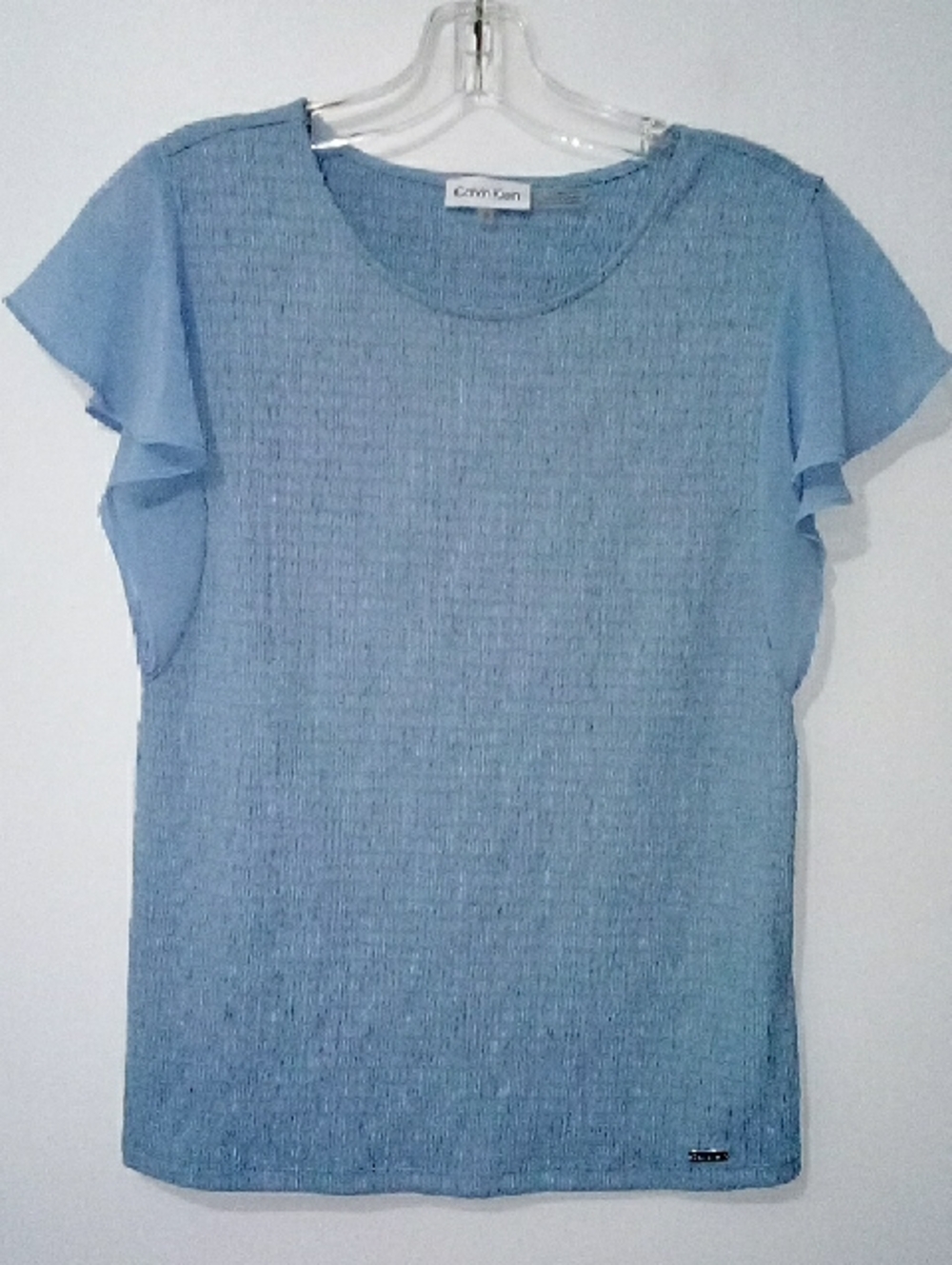 Calvin Klein Light Blue Short Flutter Sleeve  Sheered Top